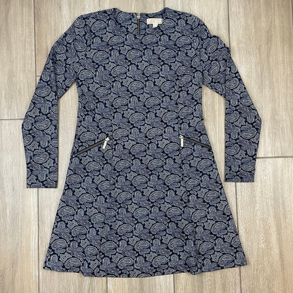 Michael Kors Dress Womens 14 Blue Paisley Long Sleeve Knit Shift Zip Pockets